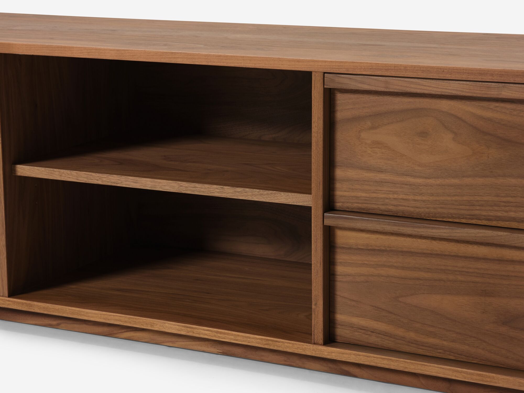 Centre detail view of modern walnut tv stand